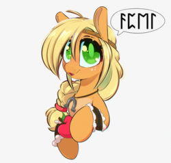 Size: 1000x952 | Tagged: safe, artist:inkypuso, imported from derpibooru, applejack, earth pony, pony, apple, bust, colored pupils, cute, female, food, headband, jackabetes, jewelry, looking at you, mare, necklace, runes, simple background, smiling, smiling at you, solo, speech bubble, white background, wristband