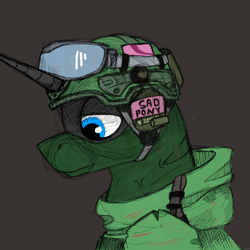 Size: 2100x2100 | Tagged: safe, artist:hrabiadeblacksky, imported from derpibooru, oc, oc:hrabia de black sky, unicorn, balaclava, clothes, green, helmet, sad, solo, uniform