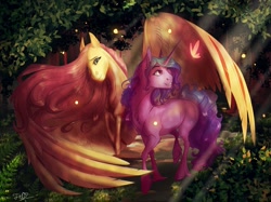 Size: 1400x1045 | Tagged: safe, artist:finchina, imported from derpibooru, fluttershy, izzy moonbow, butterfly, pegasus, pony, unicorn, duo, female, g5, garden, large wings, light rays, mare, smiling, wings