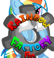 Size: 447x486 | Tagged: safe, artist:mudkip91/tetrahedron, imported from derpibooru, rainbow dash, fanfic:rainbow factory, clothes, colored text, evil eyes, fanfic art, gears, hanging, icon, lab coat, logo, peeking, rainbow factory dash, reflection, shading, simple background, text, transparent background