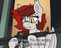 Size: 1419x1124 | Tagged: safe, artist:reddthebat, imported from derpibooru, oc, oc only, oc:reddthebat, bat pony, pony, bat pony oc, bat wings, fangs, female, freckles, gun, looking at something, mare, rifle, solo, text, weapon, wings