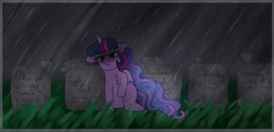 Size: 1280x617 | Tagged: safe, artist:mh-verse, imported from derpibooru, twilight sparkle, alicorn, pony, ethereal mane, female, frown, gravestone, graveyard, immortality blues, implied mane six, leaning, mare, rain, solo, twilight sparkle (alicorn)