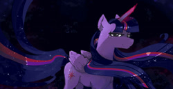 Size: 1243x643 | Tagged: safe, artist:elliemore-casp, imported from derpibooru, twilight sparkle, alicorn, pony, concave belly, female, glowing, glowing horn, horn, lidded eyes, long mane, long tail, mare, night, older twilight sparkle (alicorn), quadrupedal, smiling, solo, standing, tail, twilight sparkle (alicorn)