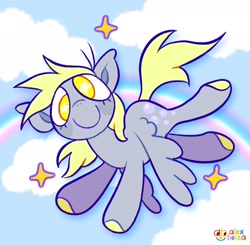 Size: 2048x2010 | Tagged: safe, artist:alexbeeza, imported from derpibooru, derpy hooves, pegasus, big ears, closed mouth, cloud, flying, looking at you, rainbow, smiling, smiling at you, solo, sparkles, wings, wings down