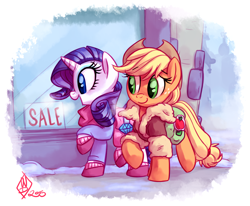 Size: 1550x1275 | Tagged: safe, artist:whitediamonds, imported from derpibooru, applejack, rarity, earth pony, pony, unicorn, applejack's hat, bag, clothes, cowboy hat, duo, duo female, eyebrows, eyebrows visible through hair, female, freckles, hat, horn, jacket, lesbian, looking at someone, looking at something, mare, open mouth, open smile, raised hoof, raised leg, rarijack, rarijack daily, saddle bag, scarf, shipping, shopping, signature, smiling