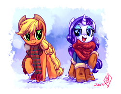 Size: 1450x1125 | Tagged: safe, artist:whitediamonds, imported from derpibooru, applejack, rarity, earth pony, pony, unicorn, applejack's hat, boots, bundled up, clothes, cowboy hat, duo, duo female, eyebrows, eyebrows visible through hair, female, freckles, hat, horn, lesbian, mare, open mouth, open smile, raised hoof, rarijack, rarijack daily, scarf, shipping, shoes, signature, smiling, snow, striped scarf, winter, winter outfit