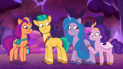 Size: 3072x1727 | Tagged: safe, imported from derpibooru, screencap, hitch trailblazer, izzy moonbow, pipp petals, sunny starscout, earth pony, pegasus, pony, unicorn, spoiler:g5, spoiler:my little pony: tell your tale, spoiler:tyts01e60, female, frown, g5, lip bite, male, mare, my little pony: tell your tale, scents of adventure, stallion