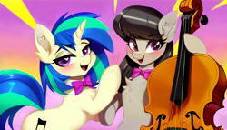 Size: 2688x1536 | Tagged: safe, imported from derpibooru, dj pon-3, octavia melody, vinyl scratch, earth pony, pony, unicorn, abstract background, ai content, ai generated, bipedal, bowtie, cello, duo, female, generator:pony diffusion v5, generator:stable diffusion, holding, looking at you, mare, musical instrument, open mouth, open smile, prompter:siber, smiling, smiling at you