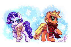 Size: 1650x1100 | Tagged: safe, artist:whitediamonds, imported from derpibooru, applejack, rarity, earth pony, pony, unicorn, applejack's hat, bedroom eyes, clothes, coat, cowboy hat, duo, duo female, female, freckles, hat, horn, lesbian, mare, raised hoof, rarijack, rarijack daily, scarf, shipping, signature, smiling, snow, snowfall, snowflake, winter, winter outfit