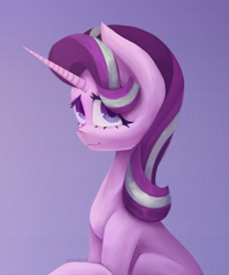 Size: 2500x3000 | Tagged: safe, artist:anastas, imported from derpibooru, starlight glimmer, pony, unicorn, bust, cute, eyelashes, glimmerbetes, gradient background, half body, looking at you, portrait, purple coat, purple fur, raised hoof, sitting, smiling, smiling at you, solo, sternocleidomastoid, two toned mane