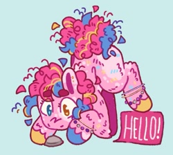 Size: 931x833 | Tagged: safe, artist:tottallytoby, imported from derpibooru, pinkie pie, earth pony, pony, alternate design, anklet, beanbrows, body markings, boulder (g4), bracelet, colored hooves, crouching, cyan eyes, ear piercing, earring, elbow fluff, eyebrows, facial markings, female, golden eyes, green background, hello, heterochromia, jewelry, leg fluff, mare, mismatched hooves, piercing, rock, simple background, solo, speech bubble, unshorn fetlocks, yellow eyes