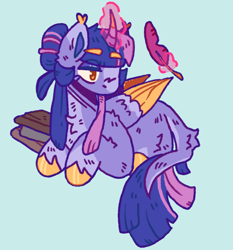 Size: 788x846 | Tagged: safe, artist:tottallytoby, imported from derpibooru, twilight sparkle, alicorn, pony, blaze (coat marking), blue background, book, chest fluff, coat markings, colored eartips, colored hooves, colored wings, colored wingtips, curved horn, ear tufts, eyeshadow, facial markings, feather, female, folded wings, golden eyes, green background, hair bun, hoof polish, horn, leg fluff, leonine tail, levitation, lidded eyes, lying down, magic, magic aura, makeup, mare, multicolored wings, pale belly, prone, quill, shoulder fluff, simple background, socks (coat markings), solo, tail, tail fluff, telekinesis, turned head, twilight sparkle (alicorn), unshorn fetlocks, wings, yellow eyes