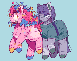 Size: 2048x1630 | Tagged: safe, artist:tottallytoby, imported from derpibooru, maud pie, pinkie pie, earth pony, pony, alternate design, blue background, blush scribble, body markings, bracelet, chest fluff, clothes, coat markings, colored ears, colored eartips, colored hooves, dress, duo, ear piercing, earring, elbow fluff, eyeshadow, facial markings, fangs, female, golden eyes, heterochromia, jewelry, leg fluff, lidded eyes, looking at each other, looking at someone, makeup, mare, mismatched hooves, open mouth, pale belly, piercing, raised hoof, siblings, simple background, sisters, smiling, socks (coat markings), thick eyebrows, unshorn fetlocks