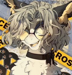 Size: 2581x2709 | Tagged: safe, artist:kefirro7, imported from derpibooru, oc, oc only, pony, bust, cheek fluff, chest fluff, choker, ear fluff, fangs, glasses, male, one eye closed, open mouth, open smile, smiling