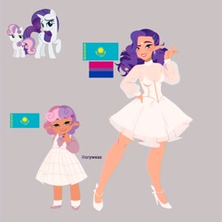 Size: 2048x2048 | Tagged: safe, artist:cryweas, imported from derpibooru, rarity, sweetie belle, human, pony, unicorn, alternate hairstyle, bisexual pride flag, blushing, clothes, dress, duo, ear piercing, earring, elf ears, eyeshadow, female, filly, flats, foal, gray background, grin, hairband, high heels, humanized, jewelry, kazakhstan, lipstick, makeup, mare, nail polish, piercing, pride, pride flag, ring, shoes, siblings, simple background, sisters, smiling, socks