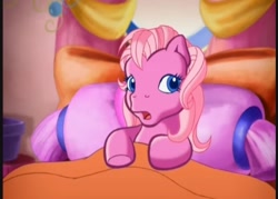 Size: 720x516 | Tagged: safe, imported from derpibooru, screencap, pinkie pie (g3), earth pony, pony, pinkie pie's special day, bed, female, g3, looking to the right, mare, pillow