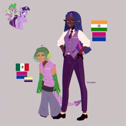 Size: 2048x2048 | Tagged: safe, artist:cryweas, imported from derpibooru, spike, twilight sparkle, alicorn, dragon, human, pony, alternate hairstyle, belt, bisexual pride flag, blushing, clothes, converse, dark skin, denim, duo, ear piercing, eared humanization, earring, elf ears, female, gloves, gray background, grin, gritted teeth, hairband, hispanic, hoodie, humanized, india, indian, jeans, jewelry, mare, mexican, mexican flag, necktie, nonbinary, pants, piercing, pride, pride flag, scales, shirt, shoes, simple background, sleeveless, smiling, socks, tail, tailed humanization, teeth, twilight sparkle (alicorn), vest, winged spike, wings