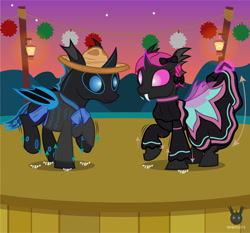 Size: 1331x1241 | Tagged: safe, artist:wheatley r.h., derpibooru exclusive, imported from derpibooru, oc, oc only, oc:lara, oc:w. rhinestone eyes, changeling, bat wings, blue changeling, bow, changeling magic, charro, dancing, female, folded wings, glowing, glowing horn, hair bow, happy, honeypot changeling, horn, jalisco dress, lamp, magic, male, mare, mexico, onomatopoeia, pink changeling, september 16th, stallion, sunset, telekinesis, vector, watermark, wings
