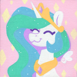 Size: 1175x1177 | Tagged: safe, artist:dandy, imported from derpibooru, princess celestia, alicorn, pony, acrylic painting, crown, eyes closed, female, floating wings, happy, horn, jewelry, mare, peytral, regalia, solo, sparkly mane, traditional art, wings