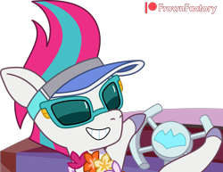 Size: 2584x2000 | Tagged: safe, artist:frownfactory, imported from derpibooru, zipp storm, pegasus, pony, baseball cap, cap, female, flower, g5, grin, hat, high res, looking at you, looking back, mare, marestream, my little pony: tell your tale, simple background, smiling, smiling at you, solo, steering wheel, sunglasses, transparent background, vector, wreath