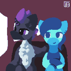 Size: 800x800 | Tagged: safe, artist:vohd, imported from derpibooru, oc, oc only, oc:ex, oc:igalop, pegasus, unicorn, animated, biting, bus, chest fluff, ear bite, ear piercing, frame by frame, gif, giggling, hologram, piercing, pixel art, surprised