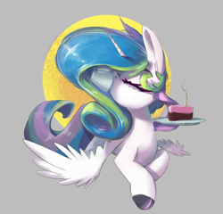 Size: 3212x3080 | Tagged: safe, artist:i love hurt, imported from derpibooru, princess celestia, alicorn, pony, cake, cakelestia, cute, female, food, g4, gray background, mare, nimbus, simple background, solo