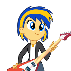 Size: 1520x1520 | Tagged: safe, artist:mlpfan3991, imported from derpibooru, oc, oc only, oc:flare spark, human, equestria girls, clothes, electric guitar, female, guitar, jewelry, musical instrument, necklace, simple background, smiling, solo, transparent background