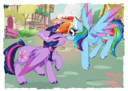 Size: 4093x2894 | Tagged: safe, artist:jubyskylines, imported from derpibooru, rainbow dash, twilight sparkle, alicorn, pegasus, pony, boop, colored wings, dialogue, duo, ear fluff, female, flying, heartbeat, lesbian, mare, multicolored wings, noseboop, ponyville, shipping, side view, smiling, tongue out, twidash, twilight sparkle (alicorn), wings