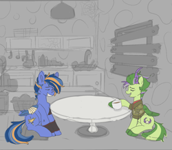 Size: 2000x1747 | Tagged: safe, artist:dimleyd, imported from derpibooru, oc, oc only, oc:dreamy damsel, oc:shining trophy, pegasus, bandage, clothes, coffee, duo, eyes closed, female, folded wings, gray background, jacket, kitchen, laughing, male, mare, post-apocalyptic, simple background, soldier, stallion, table, talking, wings