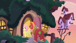 Size: 1920x1080 | Tagged: safe, anonymous artist, imported from derpibooru, big macintosh, fluttershy, earth pony, pegasus, pony, castle sweet castle, bedroom eyes, big backintosh, butt, date night, female, flutterbutt, fluttermac, fluttershy's cottage, grin, inviting, looking at each other, looking at someone, looking back, male, mare, plot, screencap background, shipping, smiling, smiling at each other, spread wings, stallion, straight, sunset, wingboner, wings