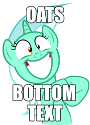 Size: 1200x1660 | Tagged: safe, artist:tardifice, edit, editor:pink amena, imported from derpibooru, lyra heartstrings, pony, unicorn, big grin, bottom text, caption, faic, female, food, grin, hooves together, image macro, irrational exuberance, meme, oats, shrunken pupils, simple background, smiling, solo, text, that pony sure does love oats, vector, white background