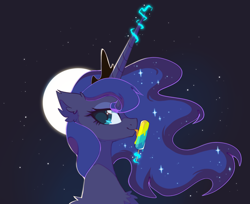 Size: 1580x1290 | Tagged: safe, artist:mirtash, imported from derpibooru, princess luna, alicorn, pony, chest fluff, crown, ear fluff, female, food, horn, jewelry, levitation, licking, looking at you, magic, mare, moon, popsicle, regalia, smiling, solo, telekinesis, tongue out