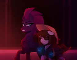 Size: 1022x800 | Tagged: safe, artist:thewandie, imported from derpibooru, tempest shadow, oc, oc:ohasu, earth pony, pony, unicorn, armor, asian conical hat, belt, broken horn, commission, duo, eye scar, eyepatch, facial scar, female, gritted teeth, hat, hoof shoes, horn, japanese, katana, looking at each other, looking at someone, mare, raised hoof, scar, sword, tattoo, teeth, weapon, ych result