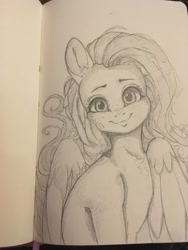 Size: 3024x4032 | Tagged: safe, artist:miokomata, imported from derpibooru, fluttershy, pegasus, pony, cute, female, freckles, freckleshy, grayscale, looking at you, mare, monochrome, pencil drawing, shyabetes, smiling, smiling at you, solo, traditional art