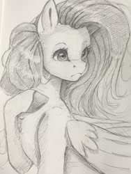 Size: 1536x2048 | Tagged: safe, artist:miokomata, imported from derpibooru, fluttershy, pegasus, pony, female, freckles, freckleshy, frown, grayscale, hoof on chest, mare, monochrome, pencil drawing, solo, traditional art