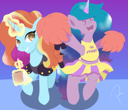 Size: 3580x3080 | Tagged: safe, artist:reinbou, imported from derpibooru, izzy moonbow, sassy saddles, pony, unicorn, clothes, dress, g4, g5, magic, simple background, telekinesis