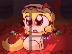 Size: 2048x1536 | Tagged: safe, artist:cushyhoof, imported from derpibooru, pony, 4:3, blonde hair, blushing, cute, dark background, fangs, female, flandre scarlet, hat, mansion, mare, open mouth, ponified, solo, touhou, wingding eyes, wings