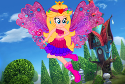 Size: 3000x2000 | Tagged: safe, artist:kova360, artist:user15432, imported from derpibooru, fairy, human, equestria girls, barely eqg related, base used, boots, clothes, colored wings, crossover, crown, dress, ear piercing, earring, equestria girls style, equestria girls-ified, fairy wings, fairyized, flower, flower in hair, gradient wings, high heel boots, high heels, jewelry, magic wand, mythix, piercing, pink dress, pink wings, princess peach, regalia, shoes, smiling, sparkly wings, strapless, super mario bros., tree, wings, winx, winx club, winxified