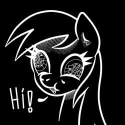 Size: 1000x1000 | Tagged: safe, artist:scandianon, imported from derpibooru, derpy hooves, pegasus, pony, black and white, black background, bust, dialogue, female, grayscale, happy, mare, monochrome, simple background, smiling, talking to viewer, wall eyed