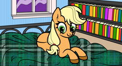 Size: 2200x1200 | Tagged: safe, artist:scandianon, imported from derpibooru, applejack, earth pony, pony, bed, blanket, bookshelf, female, hooves, indoors, looking down, lying down, mare, night, prone, window