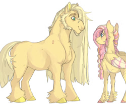 Size: 970x824 | Tagged: safe, artist:dingobreath, imported from twibooru, fluttershy, oc, oc:morning harvest, earth pony, pegasus, pony, alternate design, alternate hairstyle, beard, braid, colored hooves, colored wings, facial hair, female, folded wings, height difference, image, leg fluff, long mane, looking at each other, magical lesbian spawn, male, mare, mother and child, mother and son, multicolored wings, needs more jpeg, offspring, parent:applejack, parent:fluttershy, parents:appleshy, scar, simple background, smiling at each other, stallion, standing, white background, wings