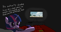 Size: 800x430 | Tagged: safe, artist:pinkiecel, imported from ponybooru, twilight sparkle, oc, oc:anon, human, bed, lord of the rings, ponybooru exclusive, television, twilight being twilight