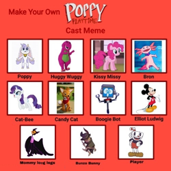 Size: 500x500 | Tagged: safe, artist:princessmichelle431, imported from twibooru, pinkie pie, rarity, axolotl, bird, dinosaur, earth pony, fox, goat, mouse, owl, robot, unicorn, aristotle, barnaby, barney and friends, barney the dinosaur, billie, billie bust up, cast meme, cup, cuphead, cuphead (character), fandroid, fantoccio, female, male, mickey mouse, oscar, poppy playtime, puppet