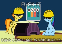 Size: 1000x700 | Tagged: safe, artist:unitxxvii, imported from derpibooru, rainbow dash, spitfire, pegasus, pony, clothes, female, frown, goggles, hard hat, hat, mare, osha, safety goggles, text, vulgar