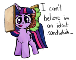 Size: 579x461 | Tagged: safe, artist:nonnyanon, twilight sparkle, pony, unicorn, bread, crying, dialogue, female, food, horn, lettuce, mare, meme, simple background, solo, tomato, unicorn twilight, white background