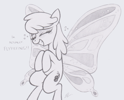 Size: 1298x1043 | Tagged: safe, artist:lockerobster, cherry berry, earth pony, pony, butterfly wings, crying, cute, dialogue, drawthread, eyes closed, female, happy, mare, monochrome, smiling, solo, tears of joy, wings