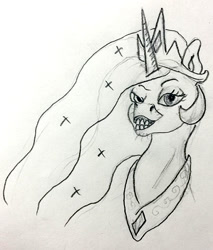 Size: 607x714 | Tagged: safe, anonymous artist, princess celestia, alicorn, pony, bust, crown, drawthread, female, flehmen response, horn, horses doing horse things, jewelry, lineart, looking at you, mare, monochrome, peytral, regalia, solo