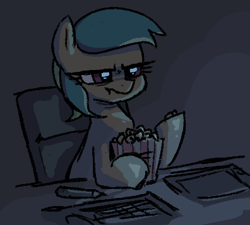 Size: 396x357 | Tagged: safe, artist:plunger, oc, oc only, oc:tetra sketch, earth pony, pony, drawing tablet, drawthread, eating, female, food, mare, pen, popcorn, solo, unamused