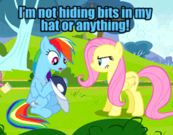 Size: 407x317 | Tagged: safe, edit, edited screencap, editor:undeadponysoldier, imported from ponybooru, screencap, rainbow dash, spike, dragon, pegasus, pony, hurricane fluttershy, angry, animated, coach rainbow dash, duo, duo focus, edited gif, female, hat, lie, lying, male, mare, meme, thief, whistle, whistle necklace