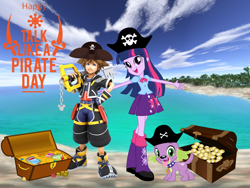 Size: 1280x960 | Tagged: safe, artist:alandssparkle, artist:matrixchicken, artist:user15432, imported from derpibooru, spike, twilight sparkle, alicorn, dog, human, equestria girls, arms wide open, barely eqg related, beach, book, cloud, coin, crossover, diamond, gemstones, gold coins, hand on hip, hat, holiday, keyblade, kingdom hearts, looking at you, ocean, open mouth, pirate, pirate hat, pirate spike, pirate twilight, sand, smiling, sora, soralight, spike the dog, talk like a pirate day, treasure, treasure chest, twilight sparkle (alicorn)